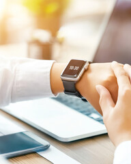 Close-up of hands with smartwatch in modern office while working on a desk