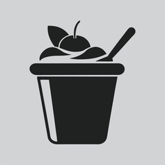 Simple black silhouette of a cup filled with a creamy dessert, topped with a cherry and a leaf, and a spoon inserted