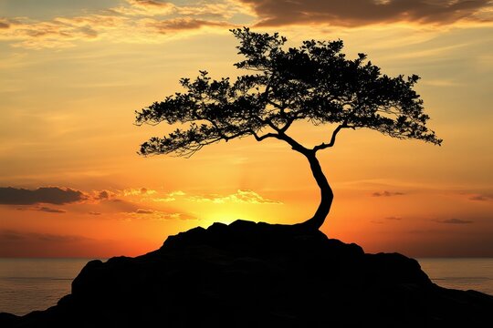 Silhouette of a lone tree on a rock at sunset. - Powered by Adobe