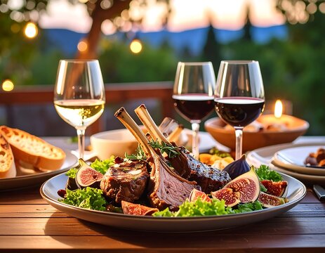 Roasted lamb ribs with figs and wine, outdoor dinner