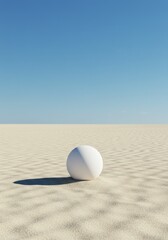 White sphere rests on expansive sandy desert landscape under clear sky.