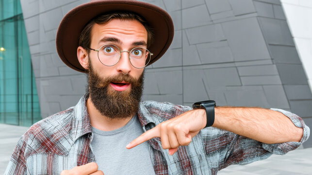 Stylish hipster man showcases smartwatch in modern urban setting with casual flair - Powered by Adobe
