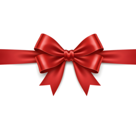 Elegant red satin ribbon bow with gold outlines, isolated on white and transparent background. Ideal for gift wrap, holiday decor, celebration mockups, and luxury packaging visuals.

