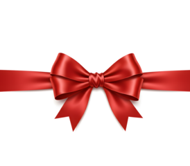 Elegant red satin ribbon bow with gold outlines, isolated on white and transparent background. Ideal for gift wrap, holiday decor, celebration mockups, and luxury packaging visuals.


