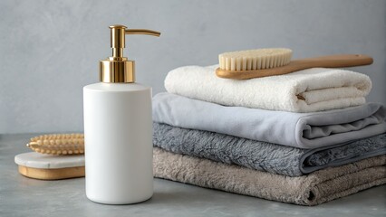 A white soap dispenser sits next to a stack of towels