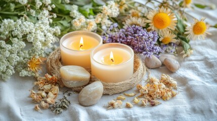 Spiritual healing layout with mystical objects - candles, crystals, feathers, herbs on linen background in soft warm light and cozy holistic atmosphere