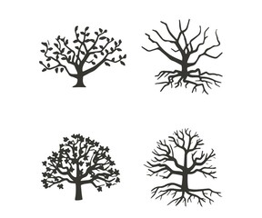 Fototapeta premium A collection of four tree illustrations depicting different stages and styles on a white background