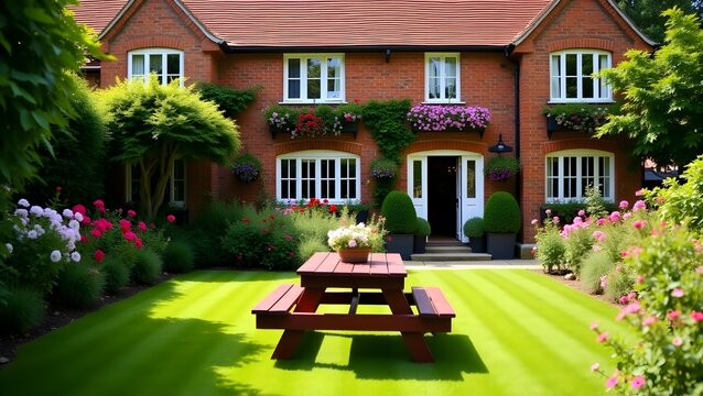 Charming Brick Cottage with Manicured Garden and Picnic Table - Powered by Adobe