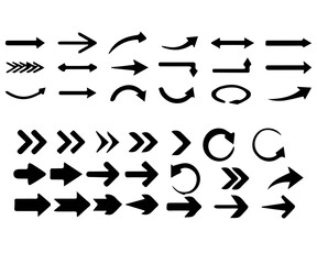 A collection of various black arrow designs pointing in different directions on a white background