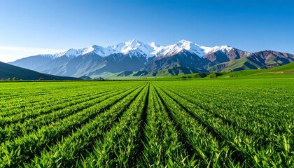 Lush green field stretches towards snow-capped mountains