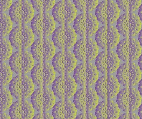 Repeating pattern of half circle floral shapes in shades of purple and yellow on a gray background
