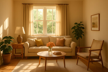 Fototapeta premium Sunlit Cozy Living Room with Sofa and Coffee Table