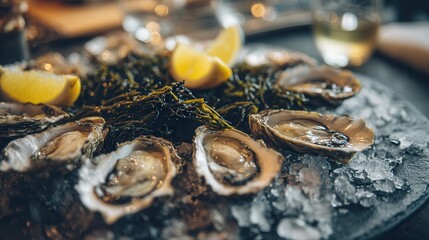 Freshly shucked oysters served on ice with lemon wedges and garnished with seaweed at a coastal restaurant
