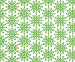 A repeating pattern of stylized green flowers with rounded petals on a white background design art