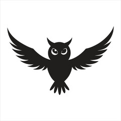 Striking black silhouette of an owl with its wings spread wide, captured in midflight against a stark white backdrop