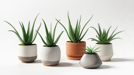 Fototapeta premium Five aloe vera plants in various pots on a white background