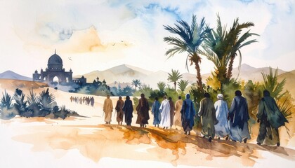People walking toward a domed structure in a desert oasis, symbolizing spiritual journeys, pilgrimage or historical travel through North Africa or the Middle East