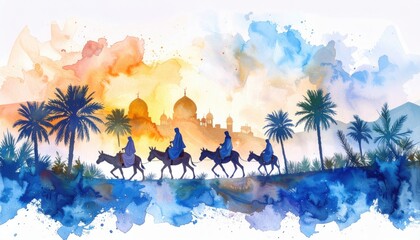 Watercolor painting of desert travelers on donkeys heading to a Middle Eastern city with domes during sunrise, reflecting migration or ancient pilgrimage