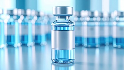 Close-up of a modern medical vaccine vial with blue fluid, representing health innovation, immunization, biotechnology and global healthcare trends