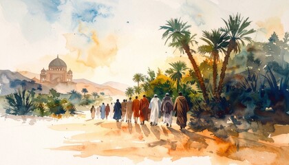 Spiritual travelers on a sandy path near palm trees and domed building, evoking ideas of pilgrimage, faith journeys or Saharan trade routes