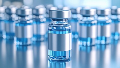 Multiple medical vials with blue liquid in a sterile lab, showcasing vaccination, healthcare infrastructure and pharmaceutical manufacturing