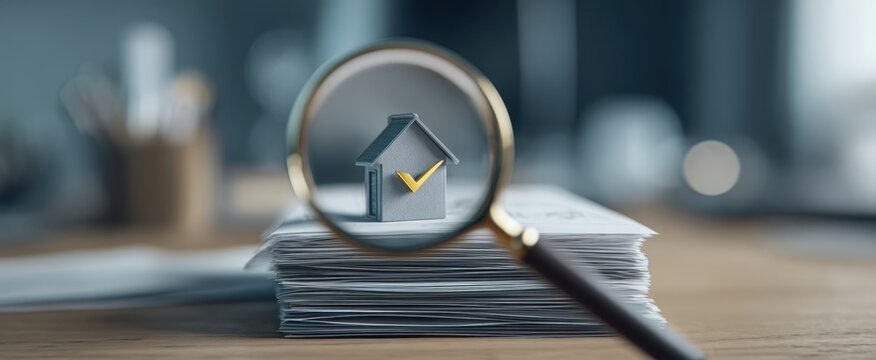 The magnifying glass highlighting a house on a stack of paperwork.