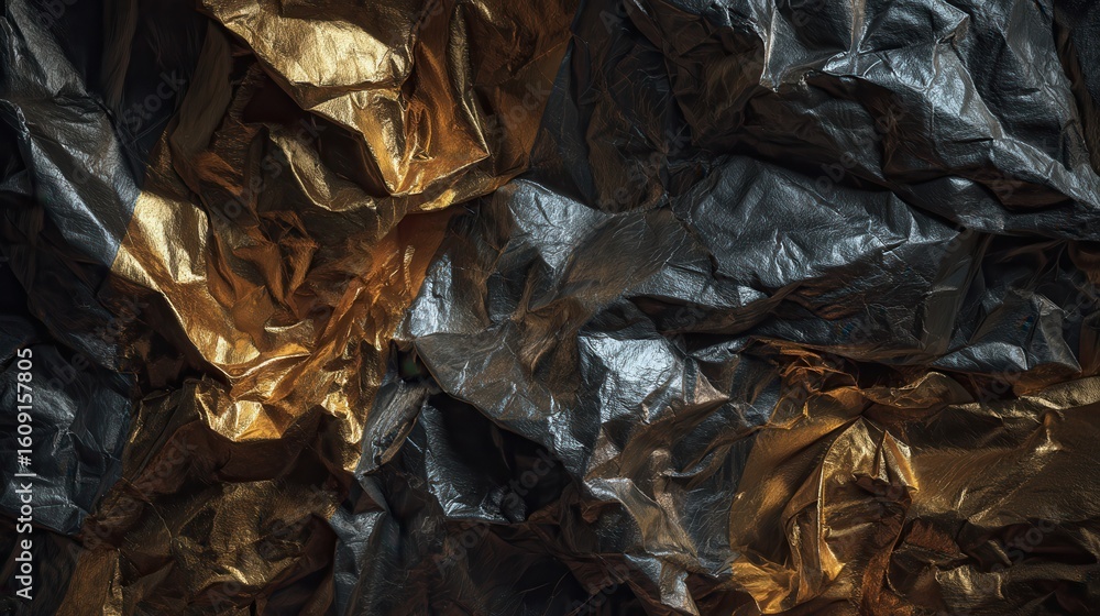Poster textured crumpled metallic surfaces in black, silver, and gold colors create a striking visual displ