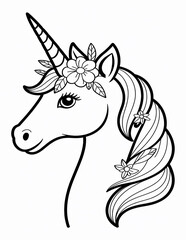 Fototapeta premium A black and white drawing of a unicorn isolated on white background with flowers in its mane