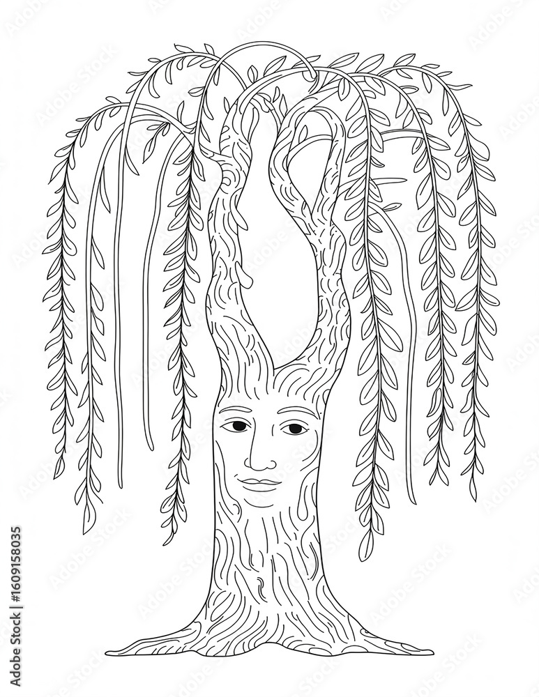 Poster a black and white illustration of a weeping willow tree with a face on its trunk, creating a whimsic