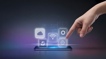 Smartphone with emerging digital applications and a hand pointing towards its artificial intelligence capabilities in the modern digital world