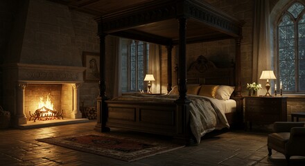 Cozy castle bedroom with roaring fire