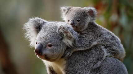 Obraz premium Cuddly koala mother and baby in eucalyptus forest