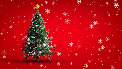 Christmas tree on red background with snowflakes