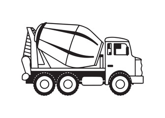 Cement Mixer Truck: Black and White Line Art Illustration, Construction Vehicle Graphic.