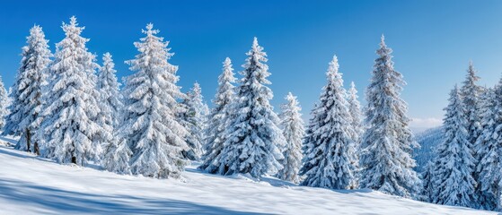 The serene winter landscape featuring pristine snow-covered trees under a blue sky.