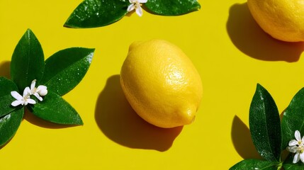 A vibrant lemon surrounded by green leaves and delicate flowers. This image captures fresh fruit in bright colors. Perfect for kitchen decor or healthy recipes. AI.