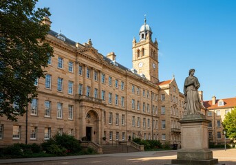 Obraz premium sandstone building with clock tower and statue in a sunlit square.