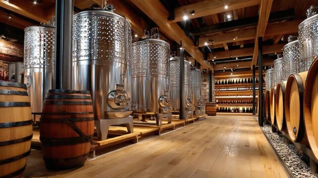Wine Cellar Interior: A rustic, light-filled wine cellar showcases an assortment of wooden barrels and stainless steel tanks, all of which contribute to the process of fermentation 