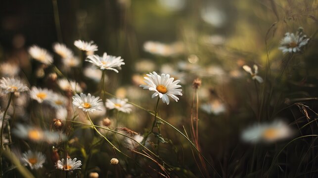 Bright white daisies bloom among lush green grass on a sunny day in a picturesque meadow - Powered by Adobe