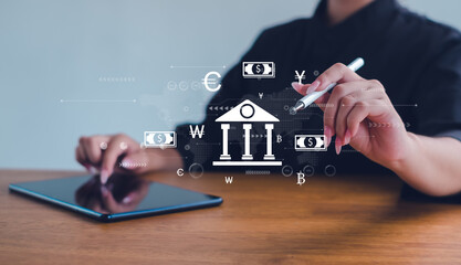 Business touch on bank and international trading currency, dollar yuan yen euro and pound sterling sign.   world economy money, transfer.Global currency exchange concept.