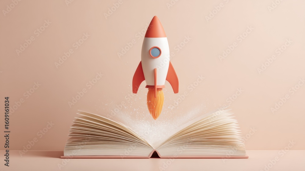 Aufkleber 3d paper rocket launching from open notebook on pastel background, showcasing creativity and imagina