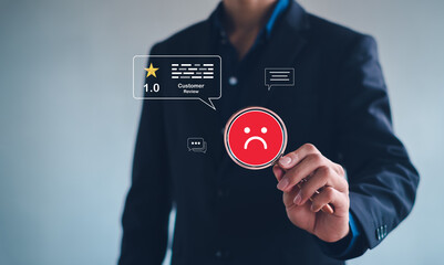  Unhappy Businessman Client with Sadness Emotion Face on virtual screen, Bad review, Customer Experience dissatisfied Concept.