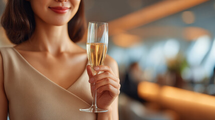 Asian woman in beige dress holding champagne flute with gentle smile at airport lounge