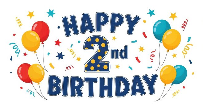 Festive second birthday greeting with balloons and confetti.