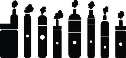 Vape icons set in flat vector styles. Electronic cigarette collection, vaping device group, vaporizer, smoke symbol set, e-cigarette equipment, nicotine, cloud puff illustration design.