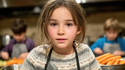 Portrait of a Young Girl in Kitchen Setting with Friends Preparing Vegetables