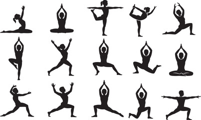 Diverse yoga poses silhouettes stretching flexibility