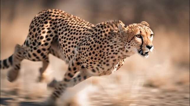 A cheetah sprints at full speed across the golden African savanna. Capturing raw power, grace, and motion&mdash;perfect for wildlife documentaries, educational content, and dynamic nature visuals.
