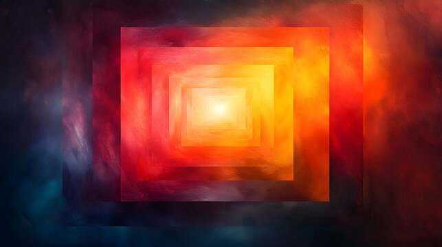 An abstract image of concentric squares, glowing with a vibrant gradient from deep red and blue at the edges to bright orange and yellow in the illuminated center. - Powered by Adobe