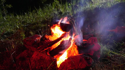 Glowing campfire with burning logs emits orange flames and smoke in darkness of forest setting. Natural burning wood creates warm atmospheric light against nighttime wilderness backdrop